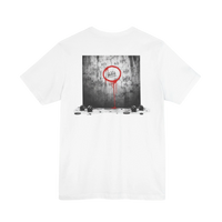 DailyThreadCo. white 100% cotton t-shirt with a graphic print of tally marks on a concrete wall, a red circle, and dripping red paint.