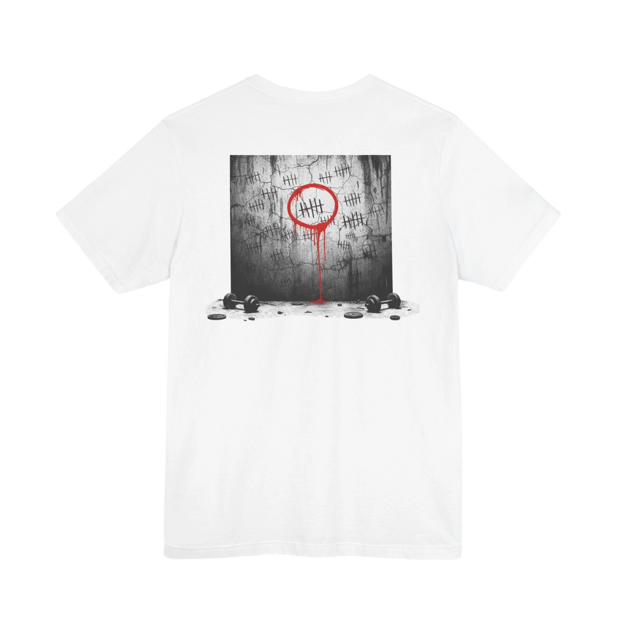 DailyThreadCo. white 100% cotton t-shirt with a graphic print of tally marks on a concrete wall, a red circle, and dripping red paint.