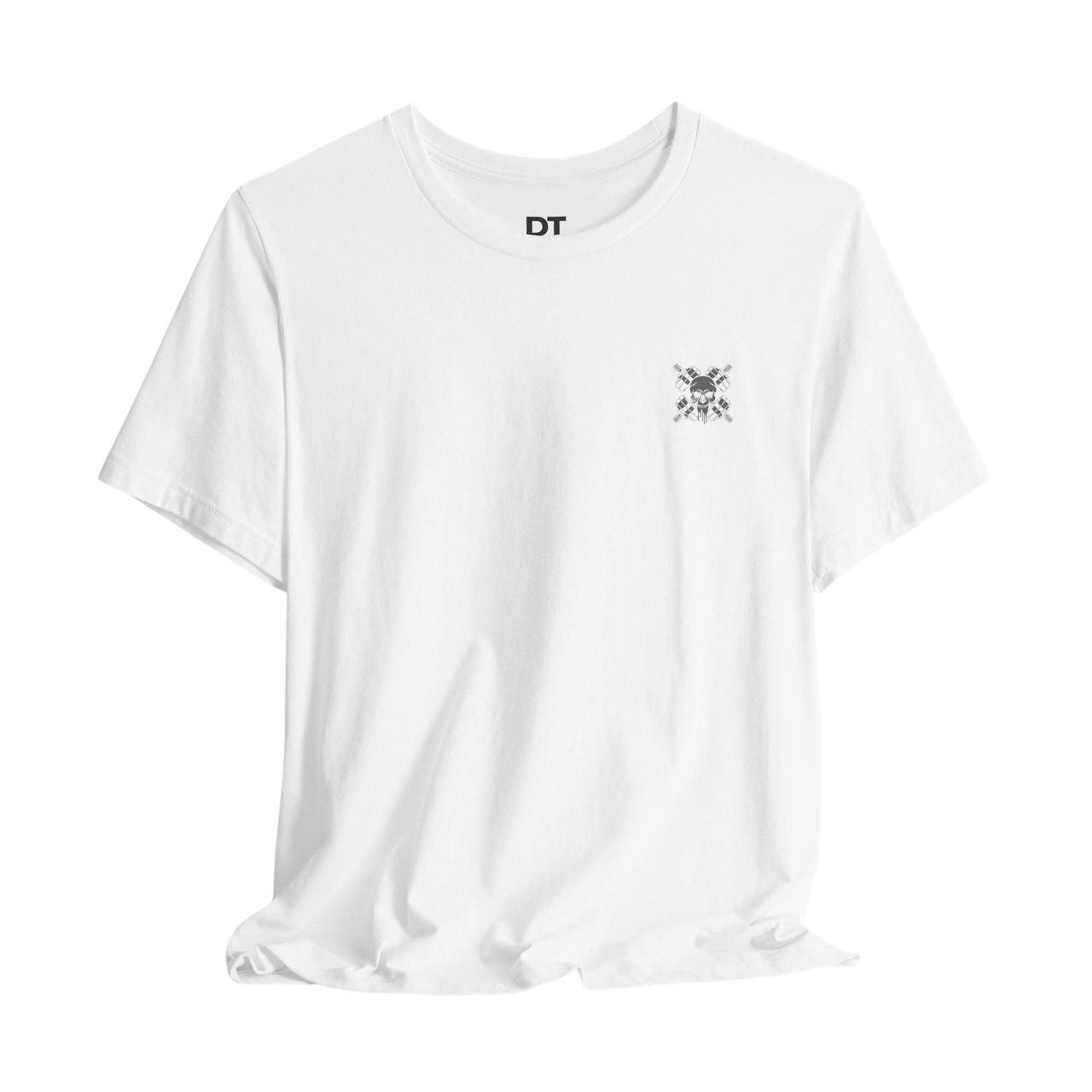 DailyThreadCo. white 100% cotton t-shirt with a small chest emblem of crossed barbells and a skull. Short sleeves, crew neck, retail fit.