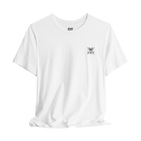 DailyThreadCo. white 100% cotton t-shirt with a small chest emblem of crossed barbells and a skull. Short sleeves, crew neck, retail fit.