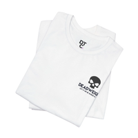 DailyThreadCo. white cotton gym t-shirt with a black skull chest emblem and crew neckline for athletic training.