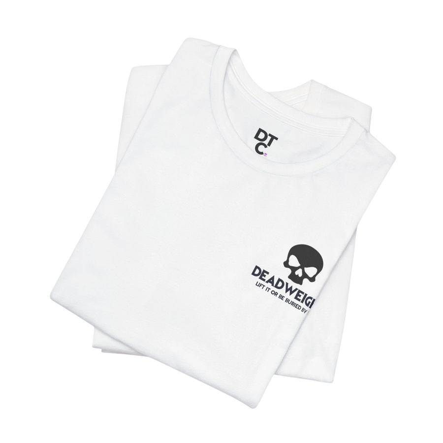 DailyThreadCo. white cotton gym t-shirt with a black skull chest emblem and crew neckline for athletic training.