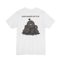DailyThreadCo. white 100% cotton t-shirt with a graphic of stacked weight plates and the text 