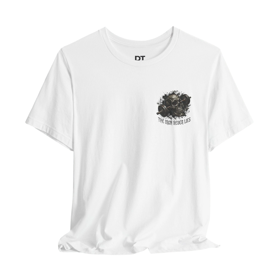 DailyThreadCo. white cotton t-shirt with a skull and barbell graphic on the chest and "The Iron Never Lies" text.