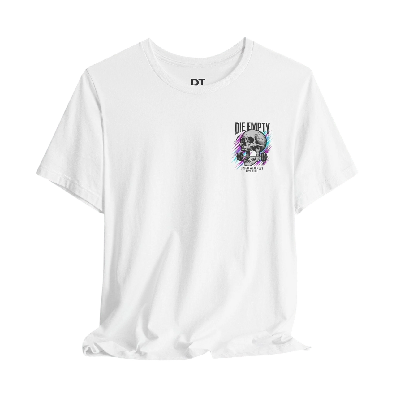 DailyThreadCo. white 100% cotton t-shirt with a skull gripping a barbell and neon streaks graphic on the chest.