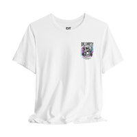 DailyThreadCo. white 100% cotton t-shirt with a skull gripping a barbell and neon streaks graphic on the chest.