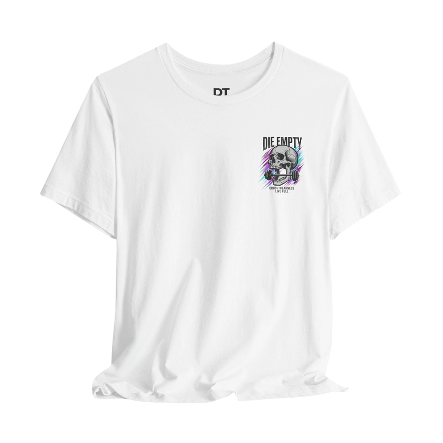 DailyThreadCo. white 100% cotton t-shirt with a skull gripping a barbell and neon streaks graphic on the chest.