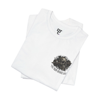 DailyThreadCo. white cotton t-shirt with a distressed skull and barbell graphic on the chest and 