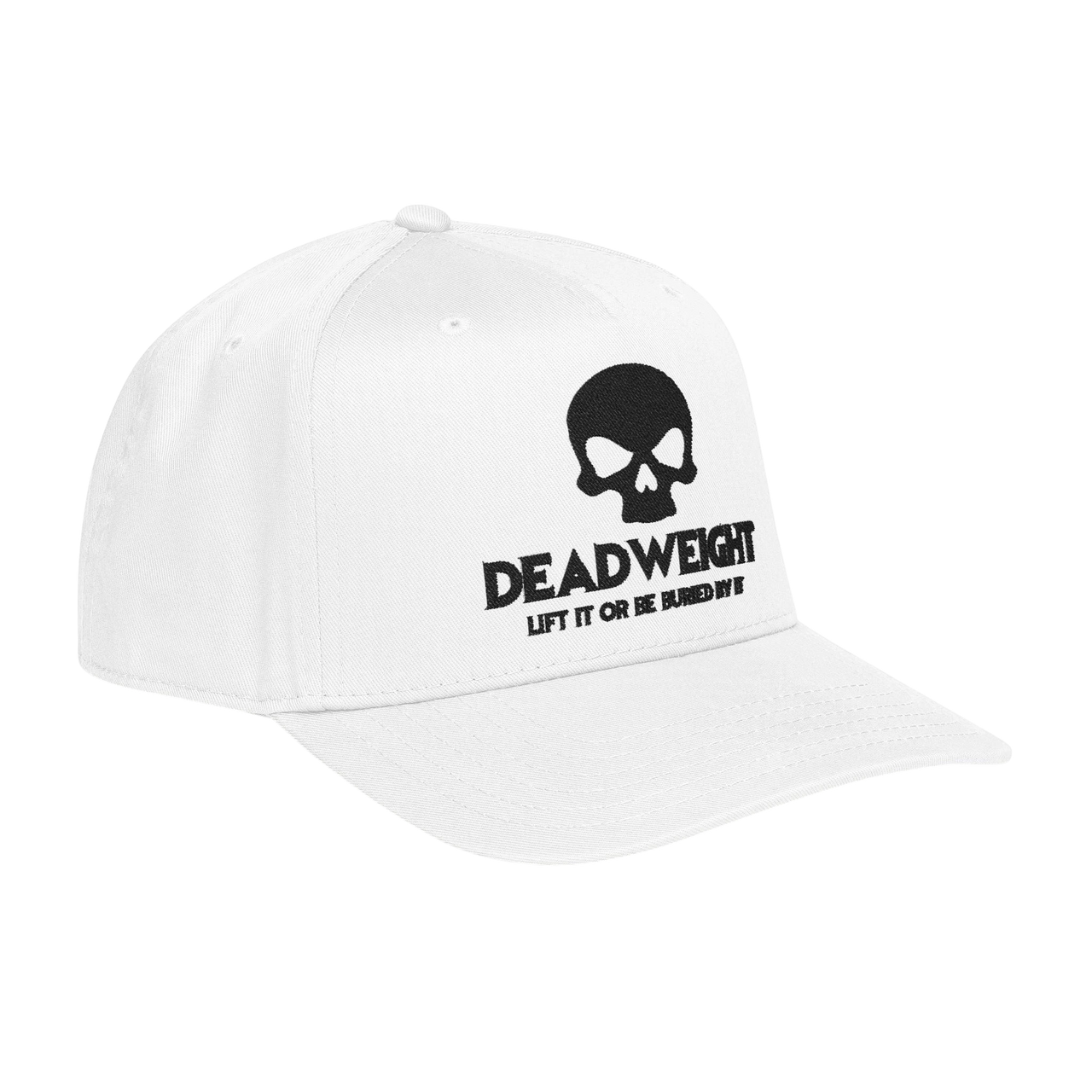 DailyThreadCo. white structured baseball cap featuring a black skull graphic and Deadweight text embroidery.