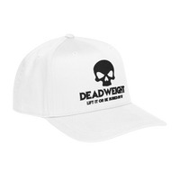 DailyThreadCo. white structured baseball cap featuring a black skull graphic and Deadweight text embroidery.