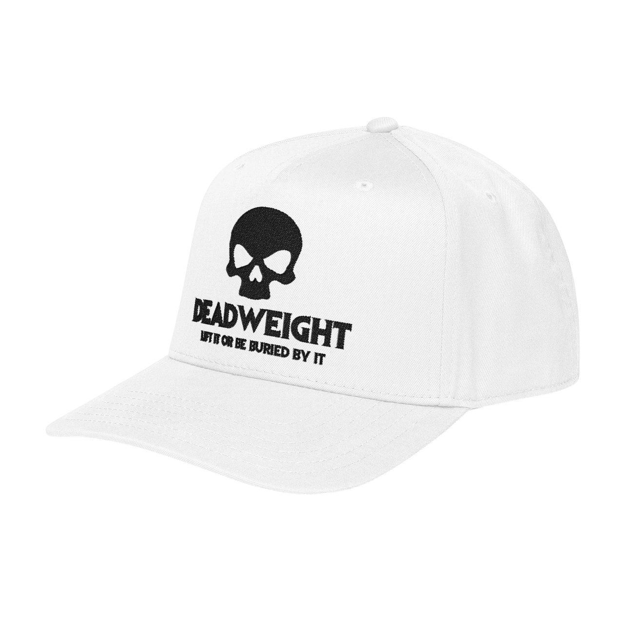 DailyThreadCo. white structured baseball cap with black embroidered skull graphic and Deadweight text on front panel.