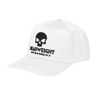 DailyThreadCo. white structured baseball cap with black embroidered skull graphic and Deadweight text on front panel.