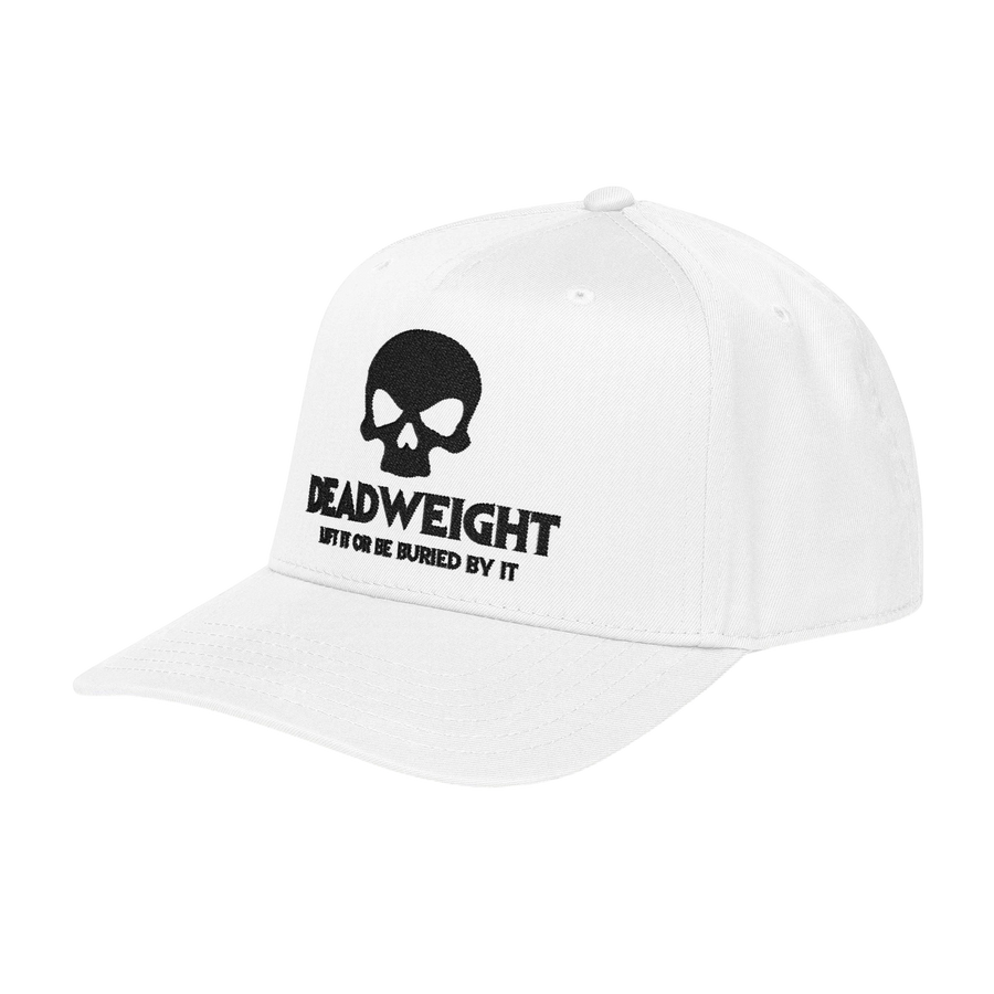 DailyThreadCo. white structured baseball cap with black embroidered skull graphic and Deadweight text on front panel.