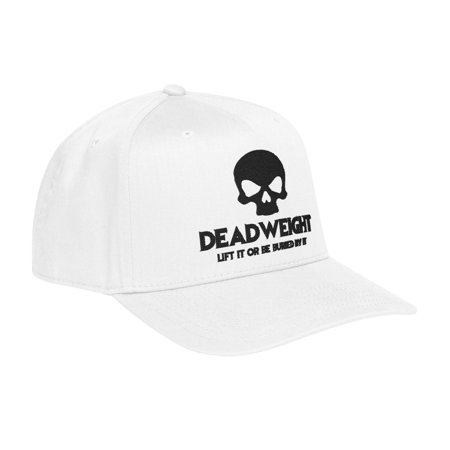 DailyThreadCo. white structured baseball cap featuring a black skull graphic and Deadweight text embroidery.