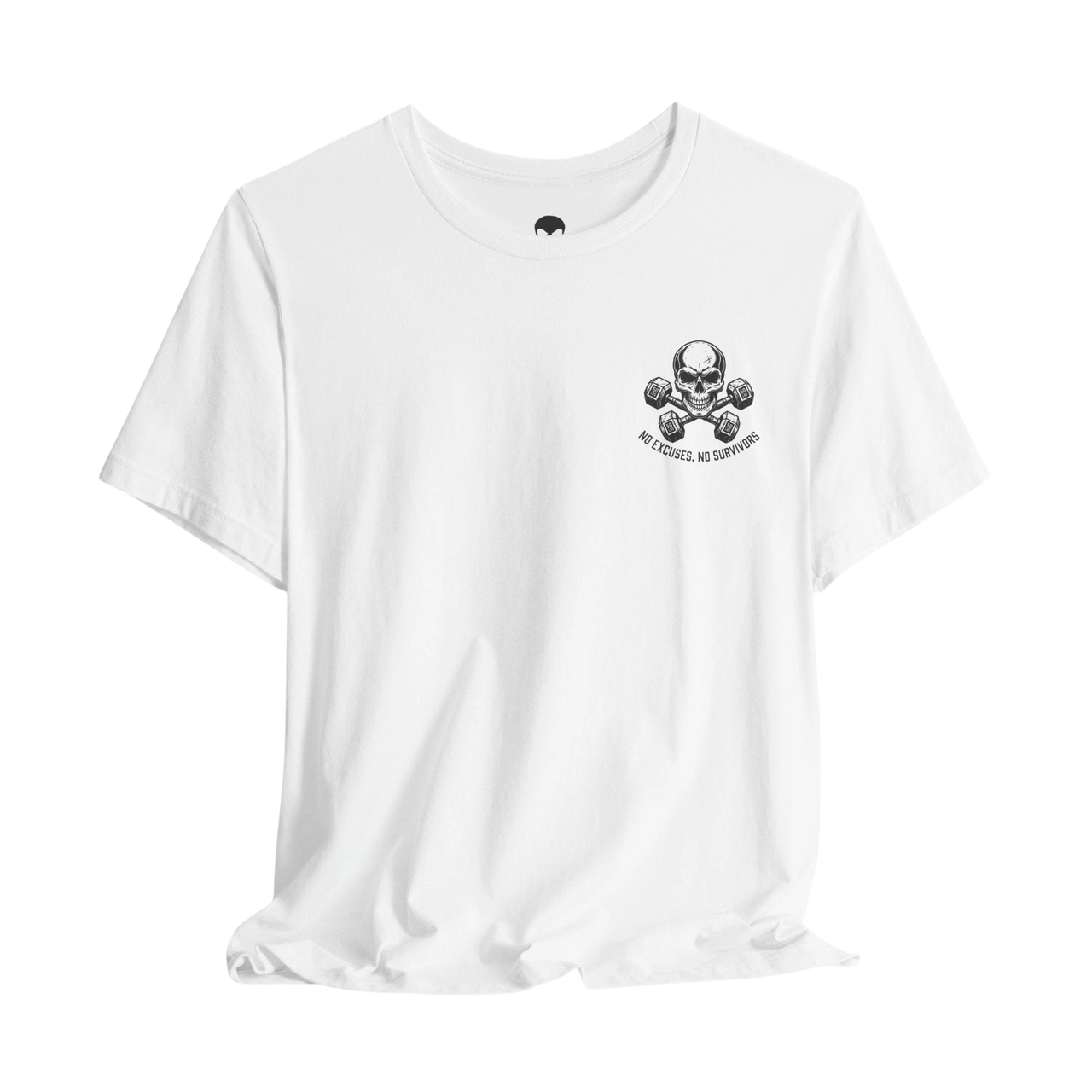DailyThreadCo. white crew-neck fitness t-shirt with a skull and dumbbells graphic on the chest.
