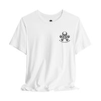 DailyThreadCo. white crew-neck fitness t-shirt with a skull and dumbbells graphic on the chest.