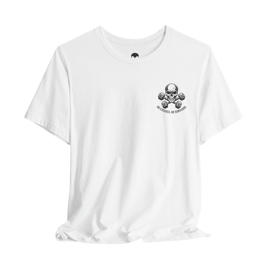 DailyThreadCo. white crew-neck fitness t-shirt with a skull and dumbbells graphic on the chest.