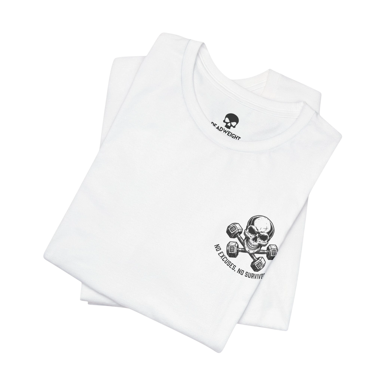 DailyThreadCo. white crew-neck cotton fitness t-shirt with a skull and dumbbell chest graphic.