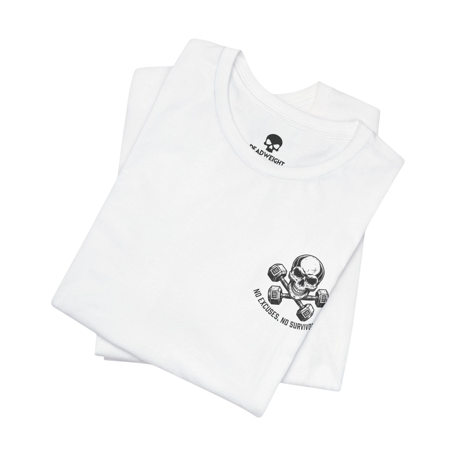 DailyThreadCo. white crew-neck cotton fitness t-shirt with a skull and dumbbell chest graphic.