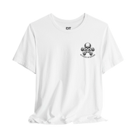 DailyThreadCo. white 100% Airlume cotton t-shirt with a small skull and dumbbells graphic on the chest and 