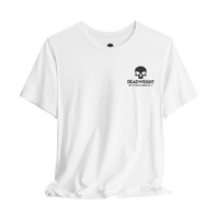 DailyThreadCo. white cotton crew neck t-shirt featuring a small black skull graphic and Deadweight text on the chest.
