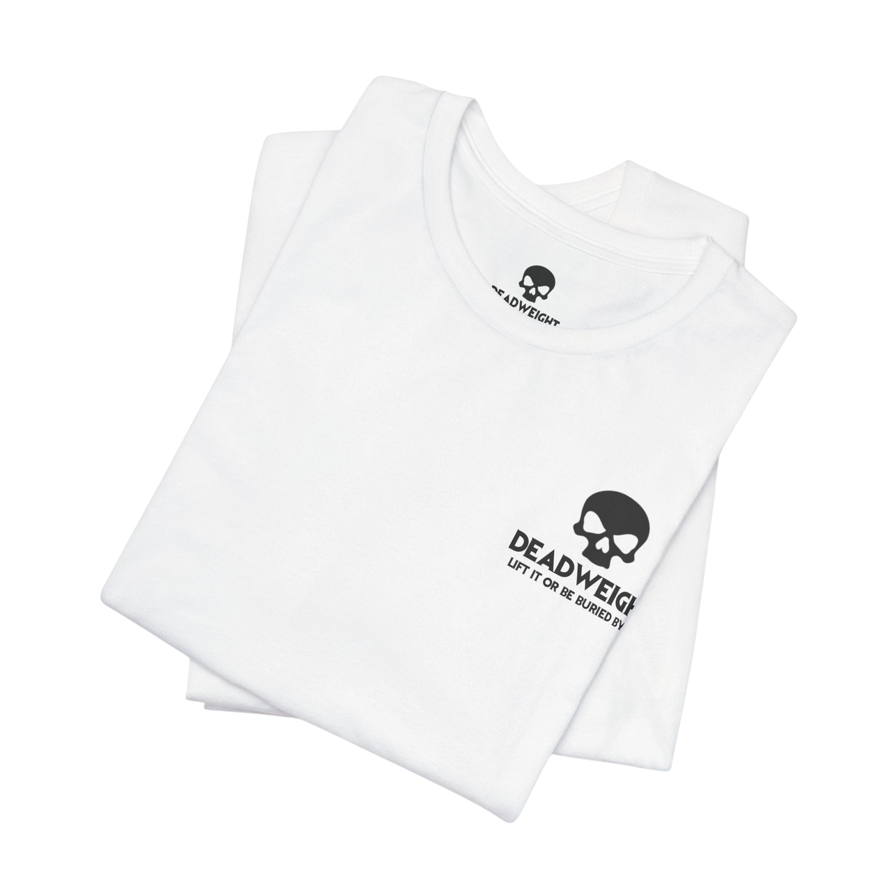 DailyThreadCo. white cotton crew neck t-shirt featuring a small black skull graphic and Deadweight text on the chest.
