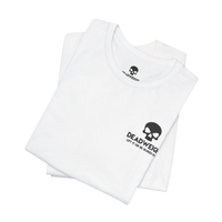 DailyThreadCo. white cotton crew neck t-shirt featuring a small black skull graphic and Deadweight text on the chest.