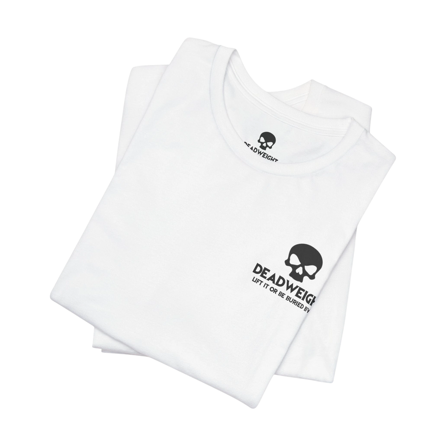 DailyThreadCo. white cotton crew neck t-shirt featuring a small black skull graphic and Deadweight text on the chest.