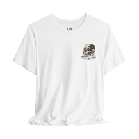 DailyThreadCo. white 100% cotton graphic t-shirt with a hand-drawn skull and rose design over the heart.