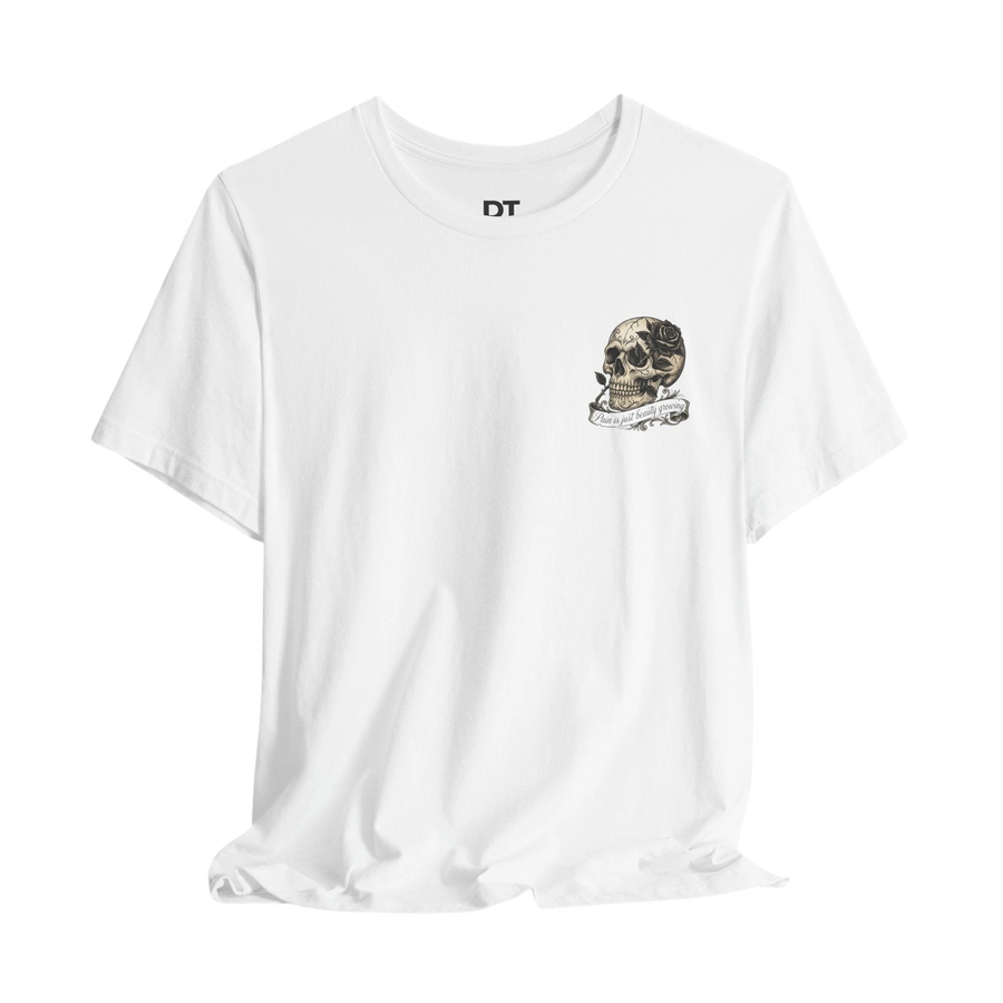 DailyThreadCo. white 100% cotton graphic t-shirt with a hand-drawn skull and rose design over the heart.