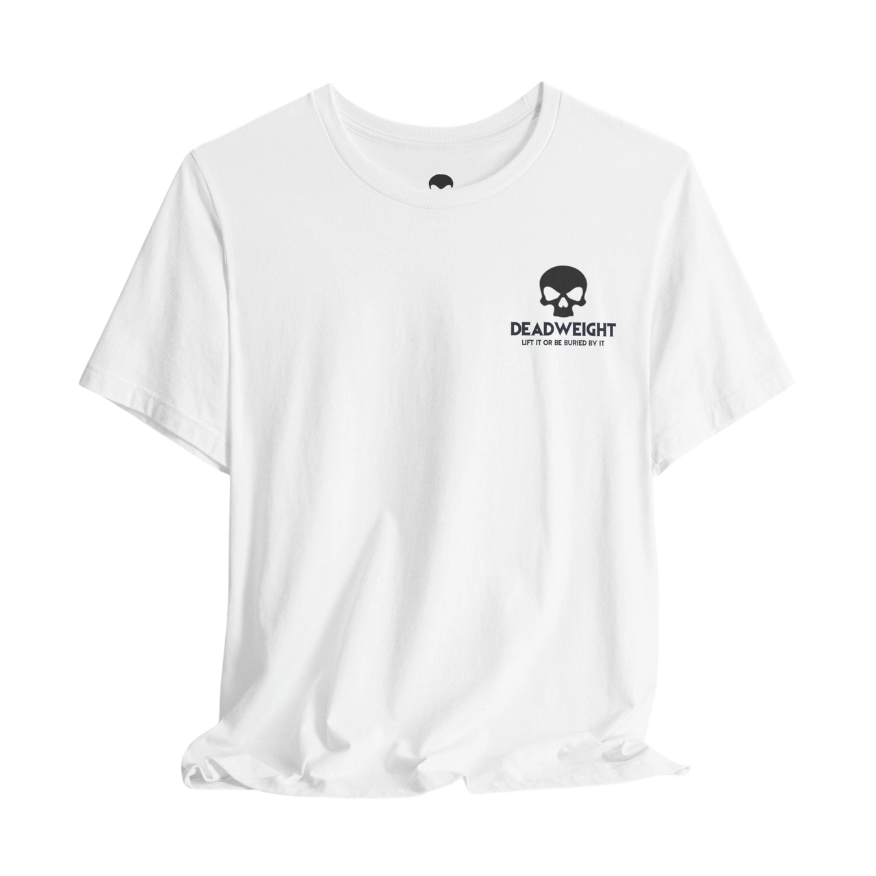 DailyThreadCo. white cotton t-shirt with a small black skull logo and Deadweight text on the chest.
