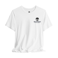 DailyThreadCo. white cotton t-shirt with a small black skull logo and Deadweight text on the chest.