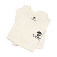 DailyThreadCo. white cotton t-shirt featuring a black skull logo on the chest and a folded, minimalist design.