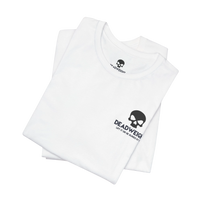 DailyThreadCo. white cotton t-shirt featuring a black skull logo on the chest and a crew neckline.