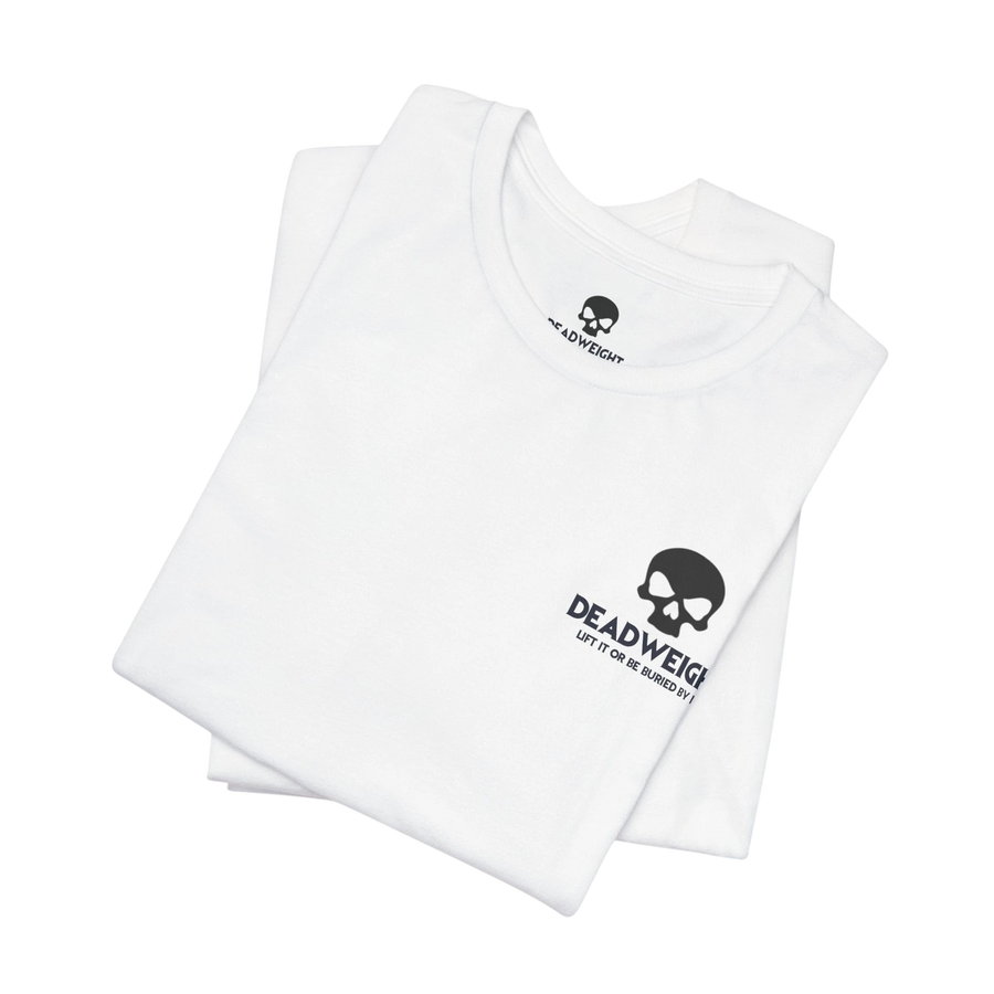 DailyThreadCo. white cotton t-shirt featuring a black skull logo on the chest and a crew neckline.