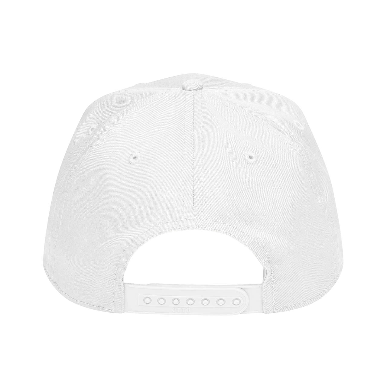 DailyThreadCo. white structured baseball cap back view showing the adjustable plastic snapback closure.