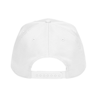 DailyThreadCo. white structured baseball cap back view showing the adjustable plastic snapback closure.