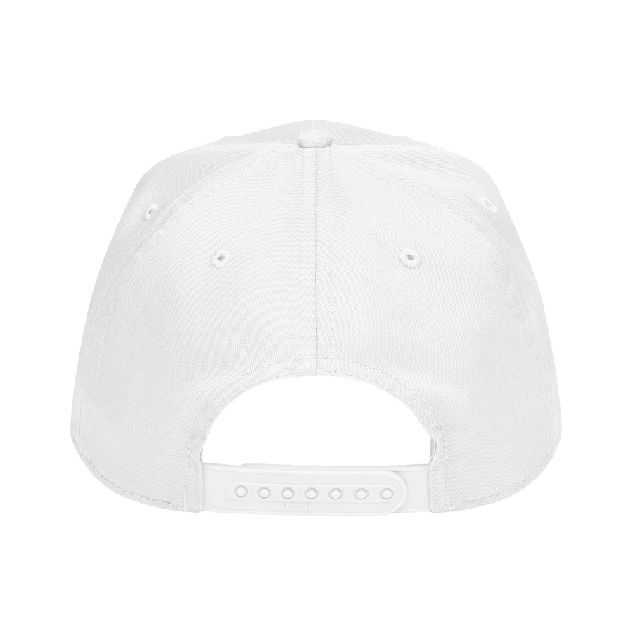 DailyThreadCo. white structured baseball cap back view showing the adjustable plastic snapback closure.